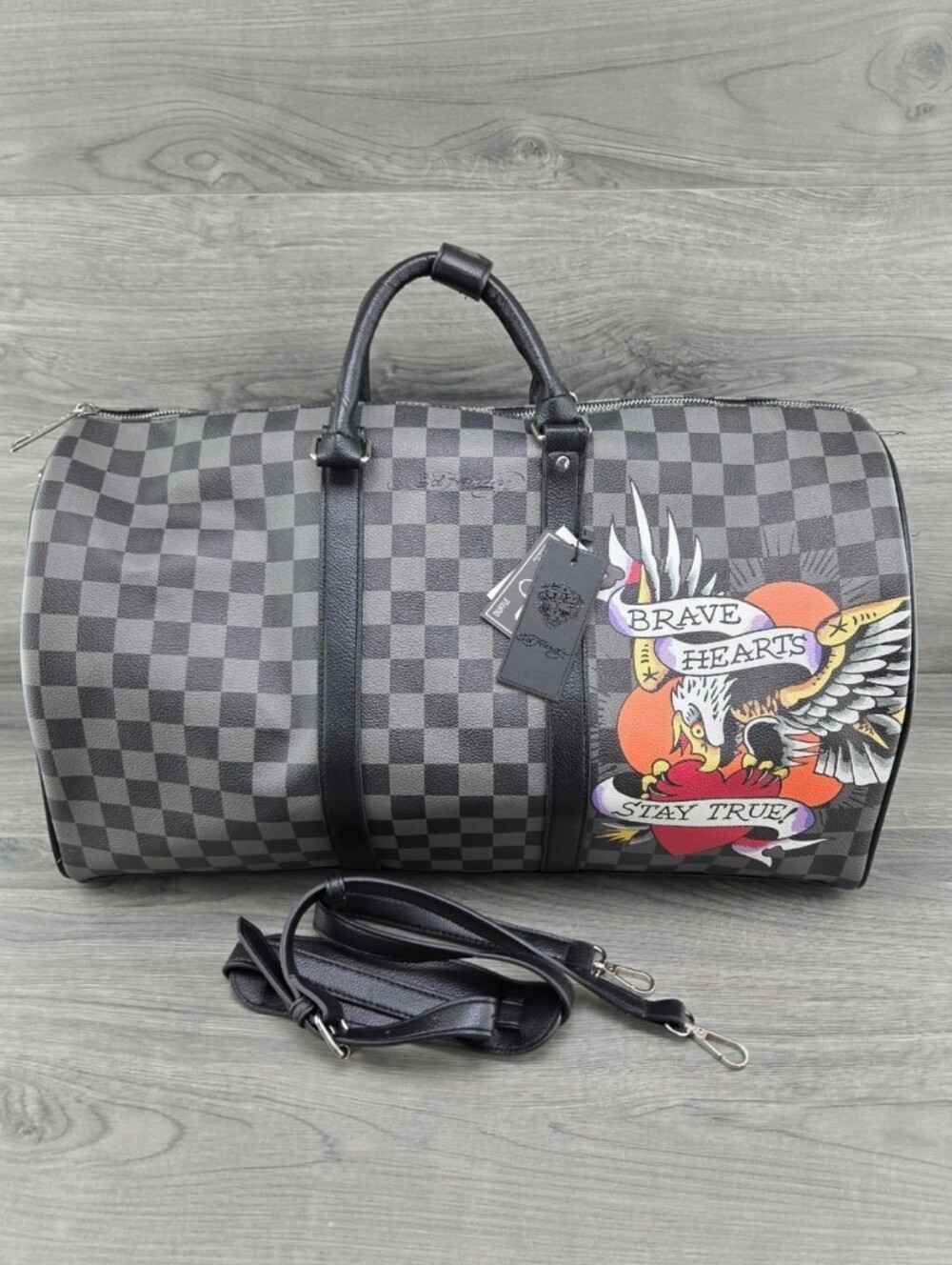 🦅 Ed Hardy Checkered Brave Hearts Stay True Soaring Eagle Duffle Bag